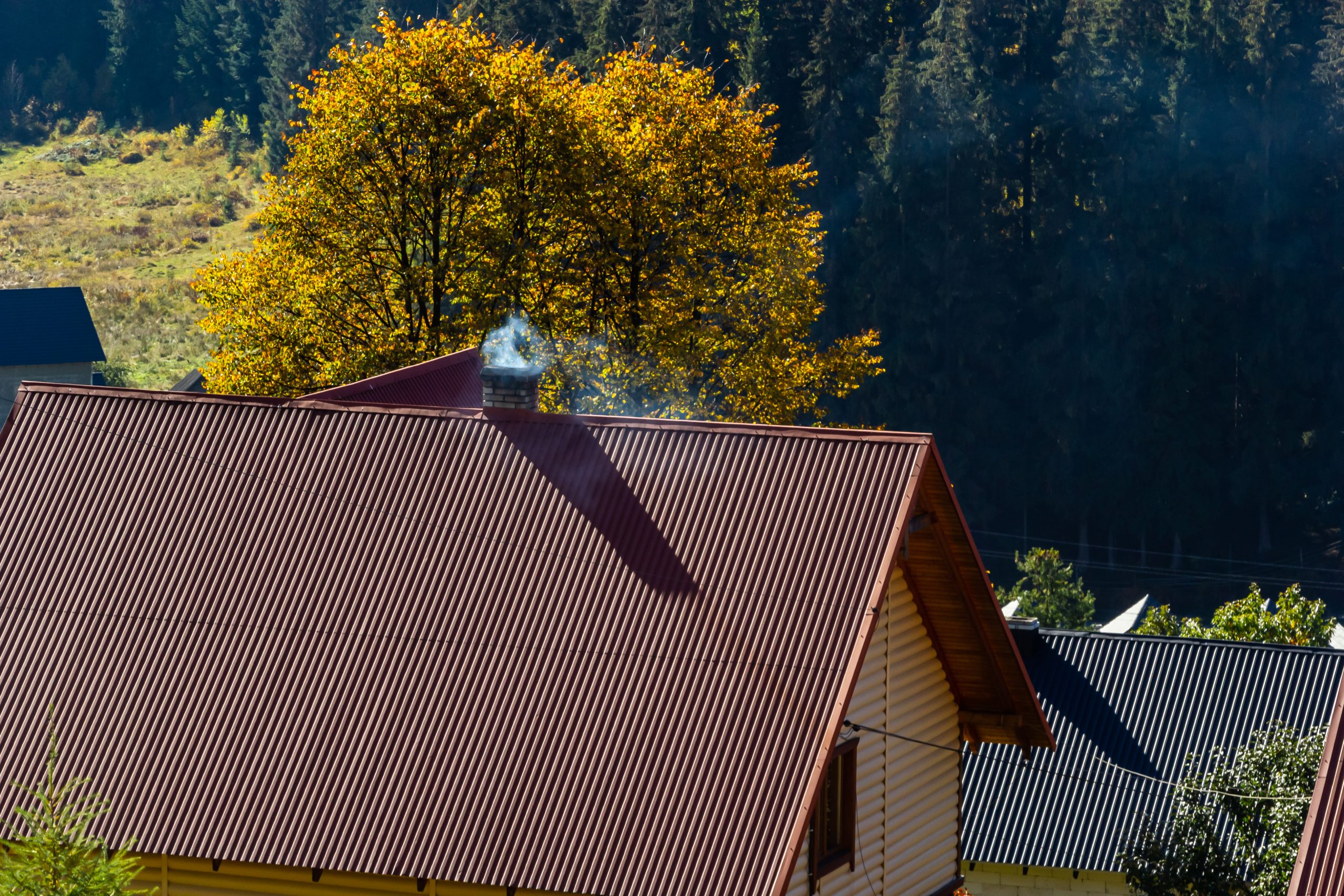 House With New Brown Metal Tile Roof And Rain Gutter. Metallic G Brown metal tiles on a sloped roof in front of trees